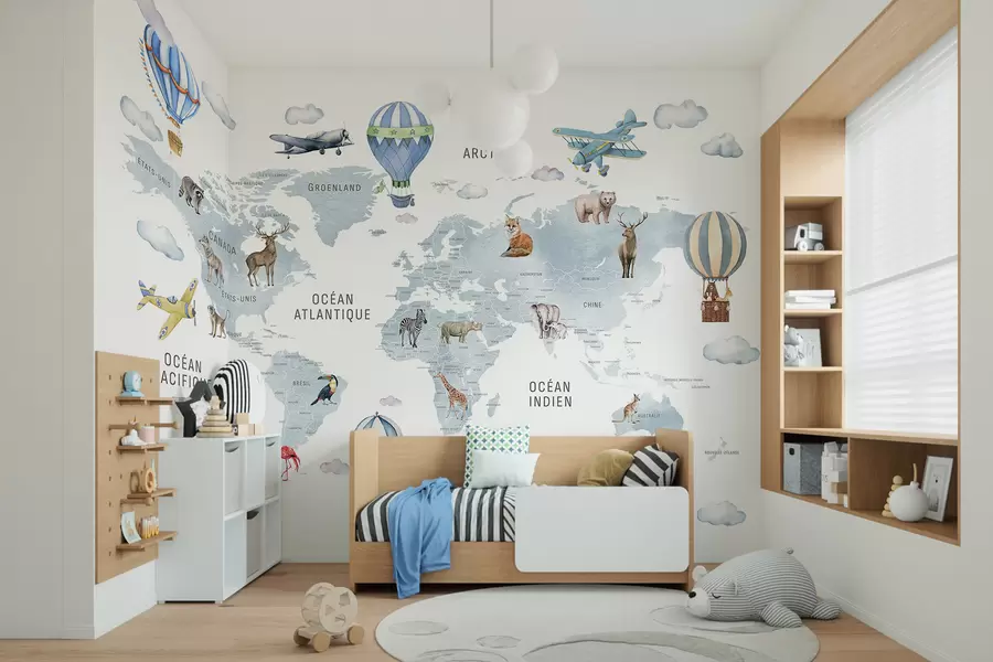 murales de pared Mapa de estilo acuarela para niños con animales y globos aerostáticos. Idioma francés. Color azul. c00001frv1