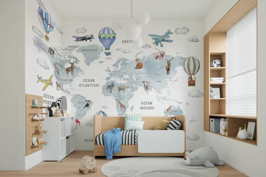 murales de pared Mapa de estilo acuarela para niños con animales y globos aerostáticos. Idioma polaco. Color azul. c00001plv1