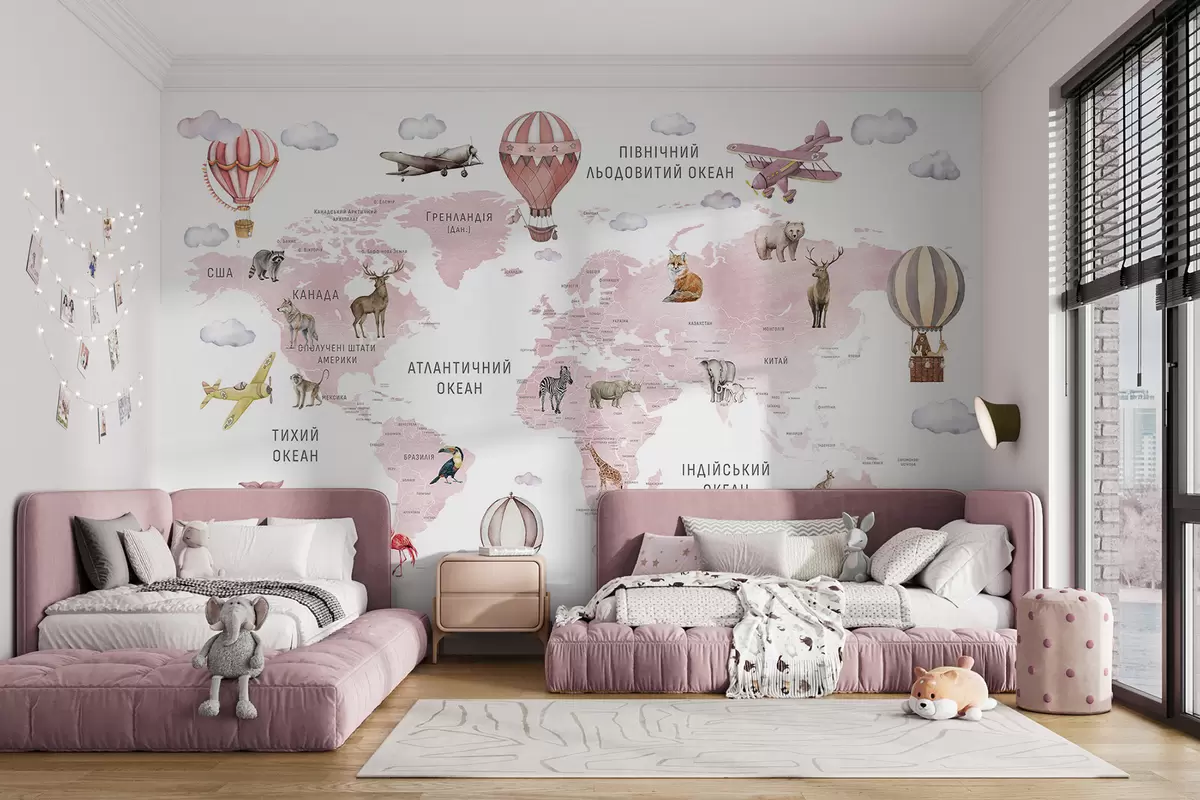murales de pared Mapa infantil en estilo acuarela con animales y globos aerostáticos. Idioma ucraniano. Color rosa. c00001ukv3