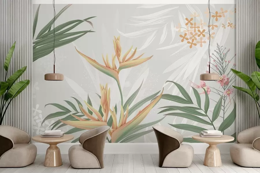murales de pared Exóticas flores de Strelitzia entre el follaje w04783