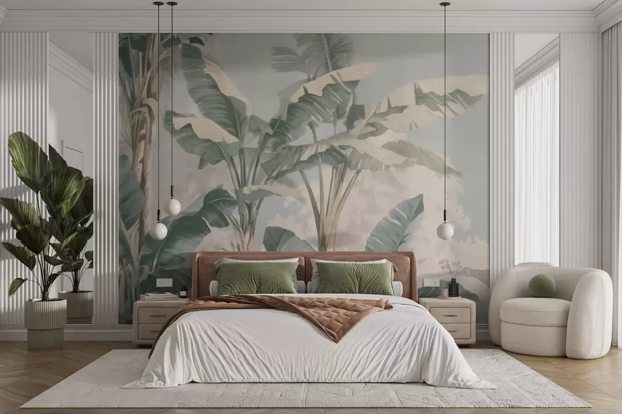murales de pared Hojas de plátano tropicales en suaves tonos pastel w09311