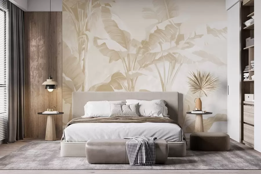 murales de pared Hojas de plátano tropical en suaves tonos beige w09311v2