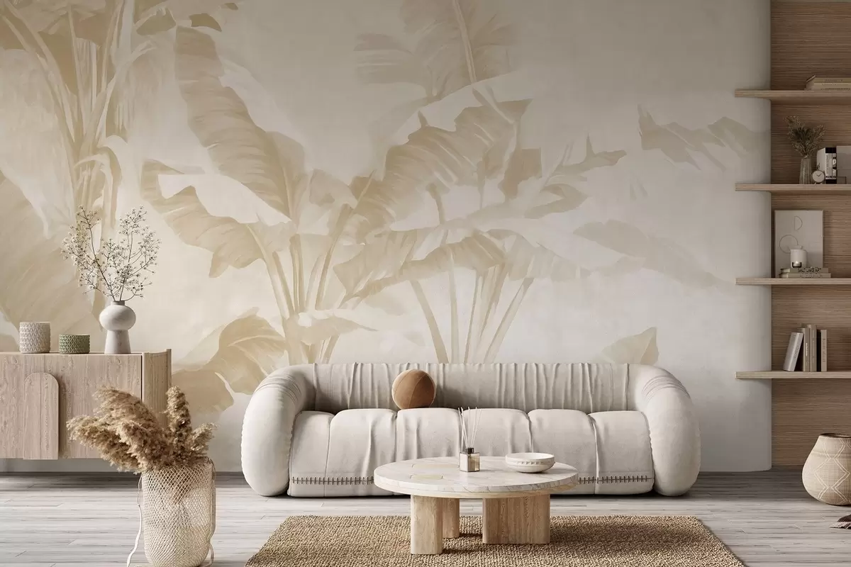 murales de pared Hojas de plátano tropical en suaves tonos beige w09311v2