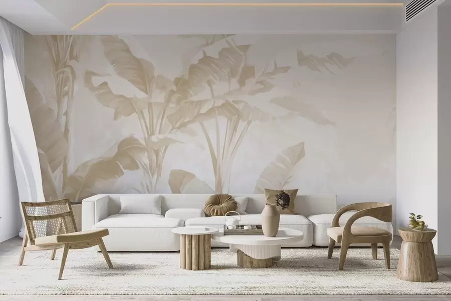 murales de pared Hojas de plátano tropical en suaves tonos beige w09311v2