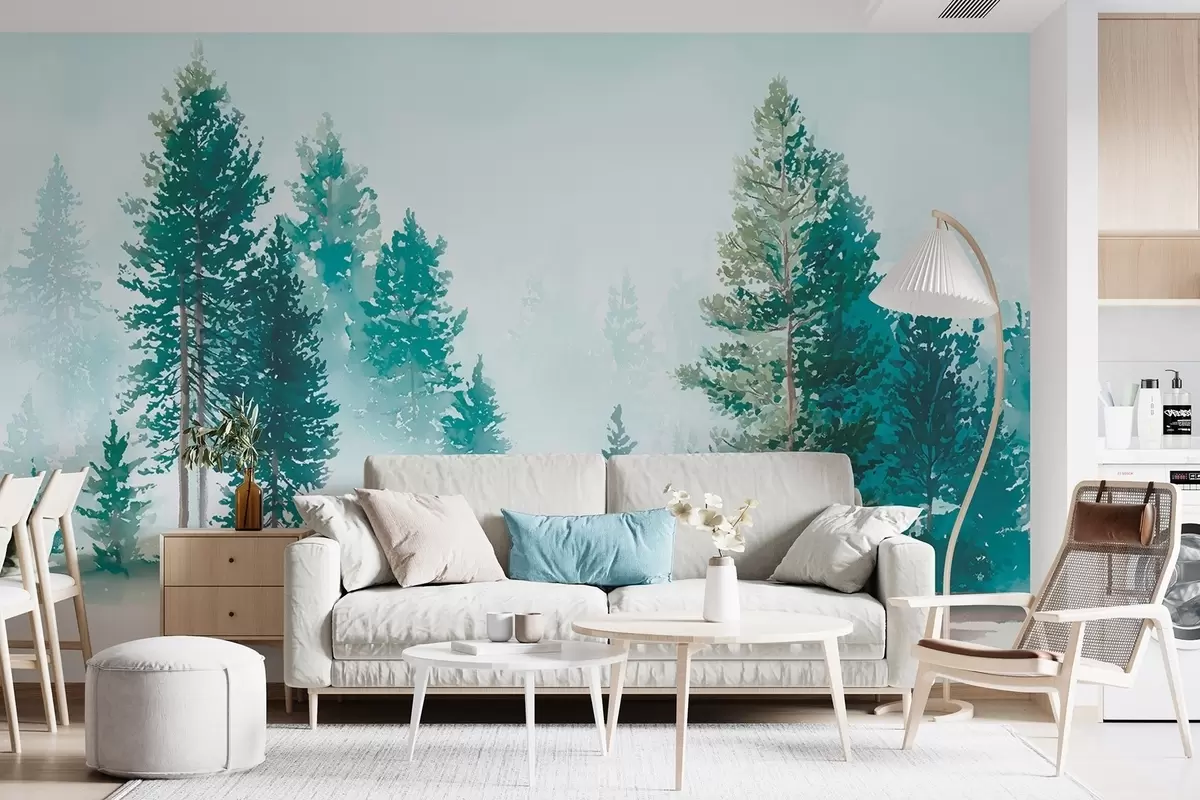 murales de pared Bosque de pinos brumoso en estilo acuarela w09444