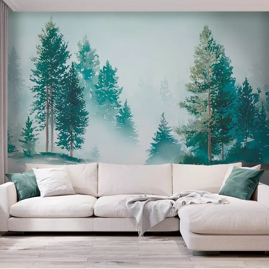 murales de pared Bosque de pinos brumoso en estilo acuarela w09444