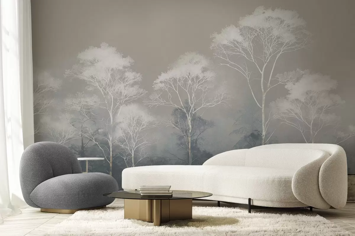 murales de pared Árboles minimalistas en tonos azul grisáceos, en la niebla w09448