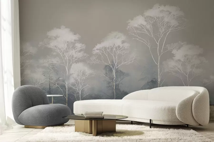 murales de pared Árboles minimalistas en tonos azul grisáceos, en la niebla w09448