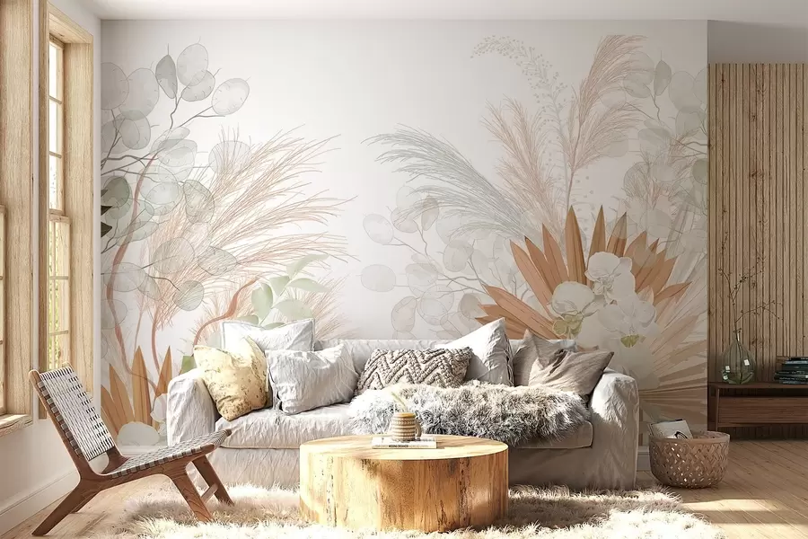murales de pared Hierba de la pampa, eucalipto, hojas tropicales y orquídeas sobre fondo blanco, colores pastel w09366