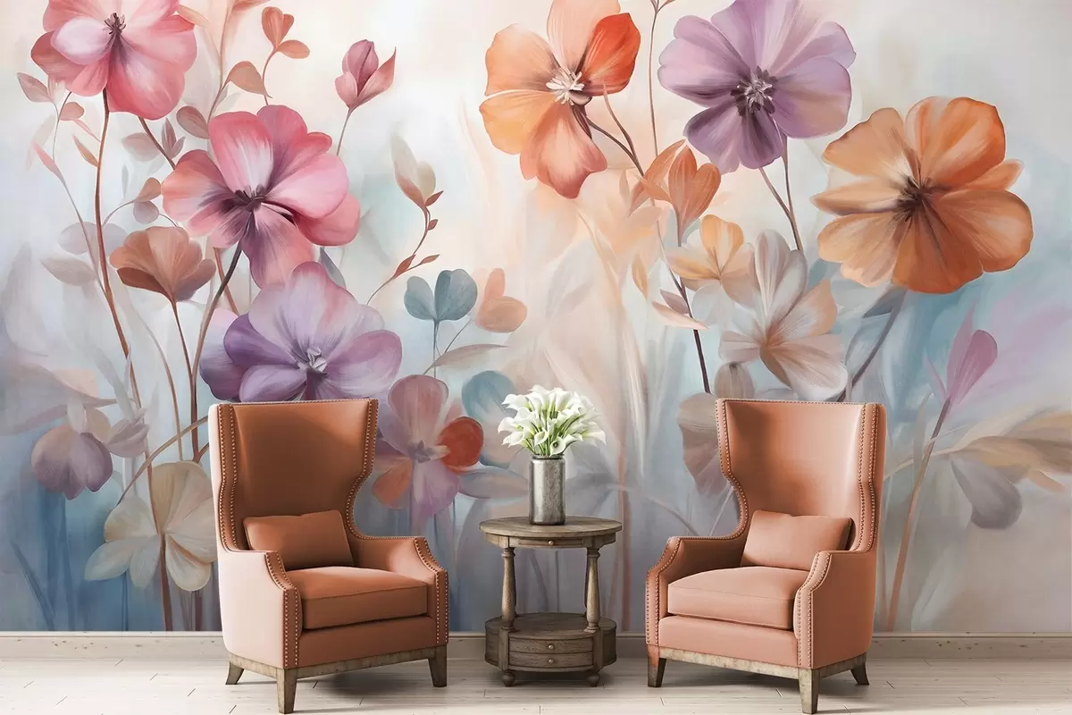 murales de pared Arreglo floral texturizado con flores rosas, moradas y naranjas con tallos y hojas verdes, en suaves colores pastel w09486