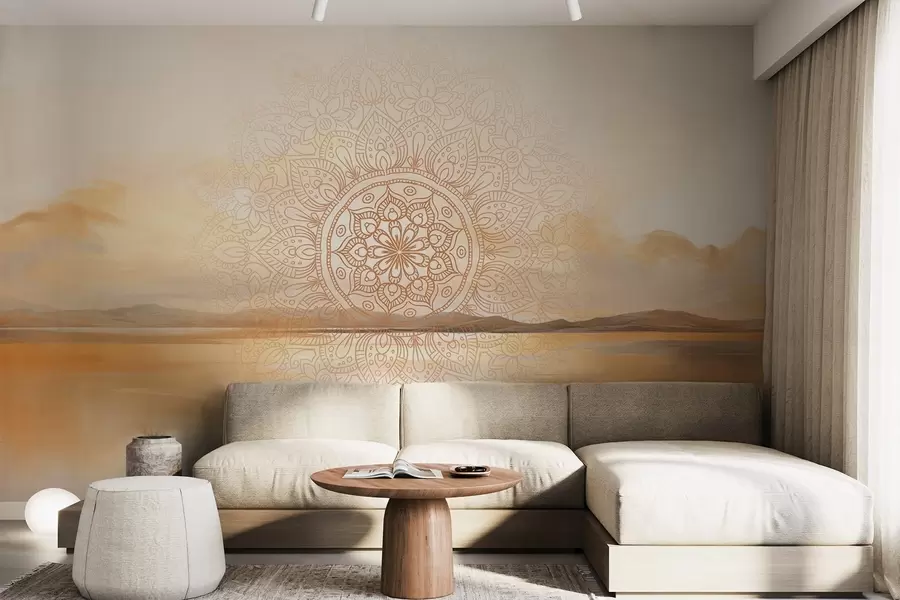 murales de pared Diseño mandala simétrico con textura superpuesto a un paisaje con mar, colinas y cielo, en suaves colores pastel w09491