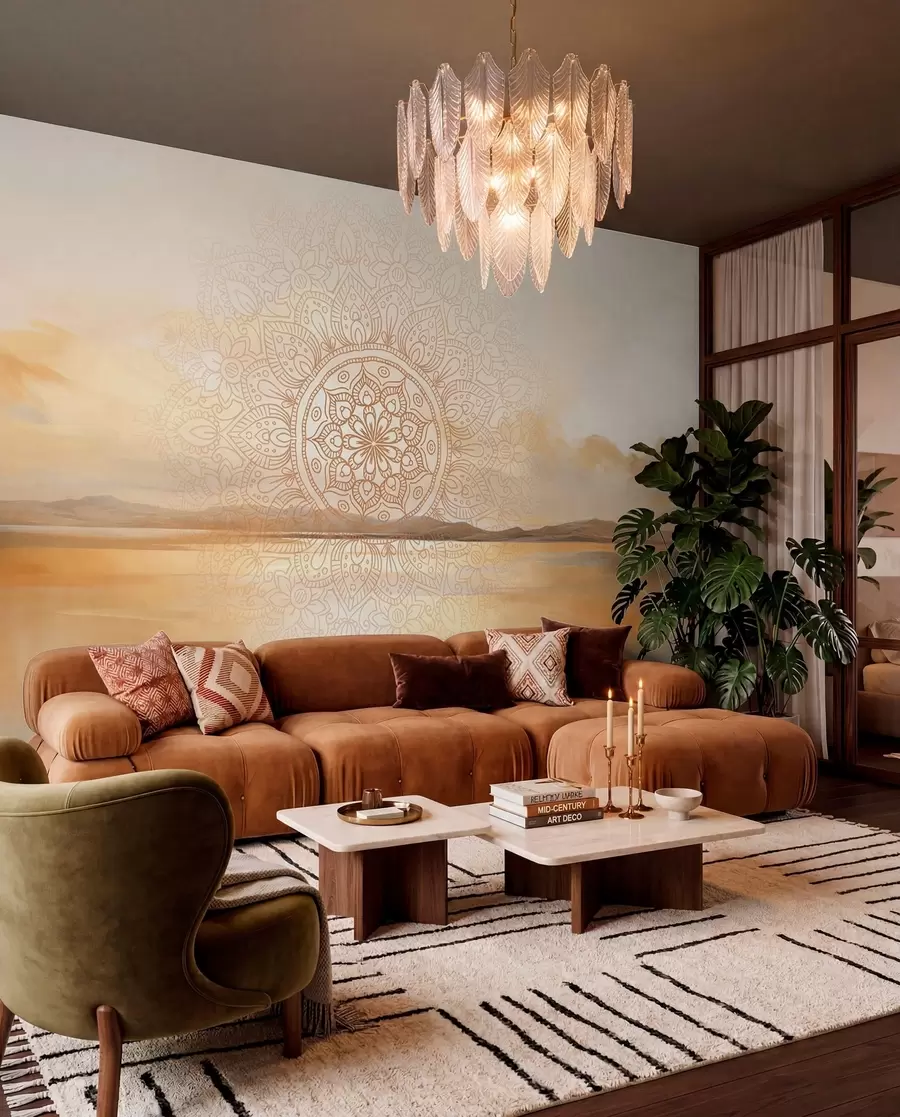 murales de pared Diseño mandala simétrico con textura superpuesto a un paisaje con mar, colinas y cielo, en suaves colores pastel w09491