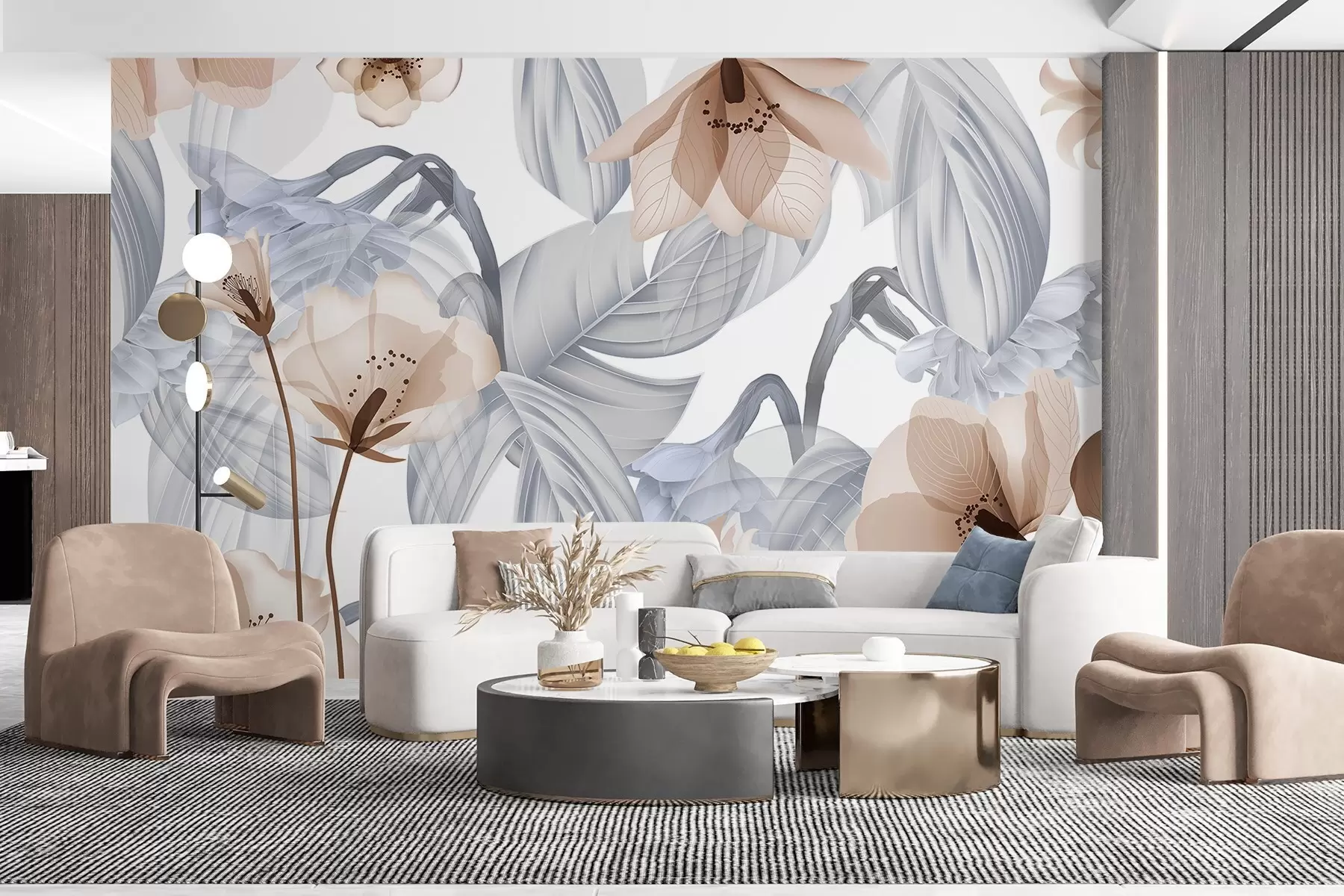 murales de pared Flores marrones y hojas grises, fondo botánico floral, diseño elegante, colores suaves, detalles delicados y ligeros w09497v1