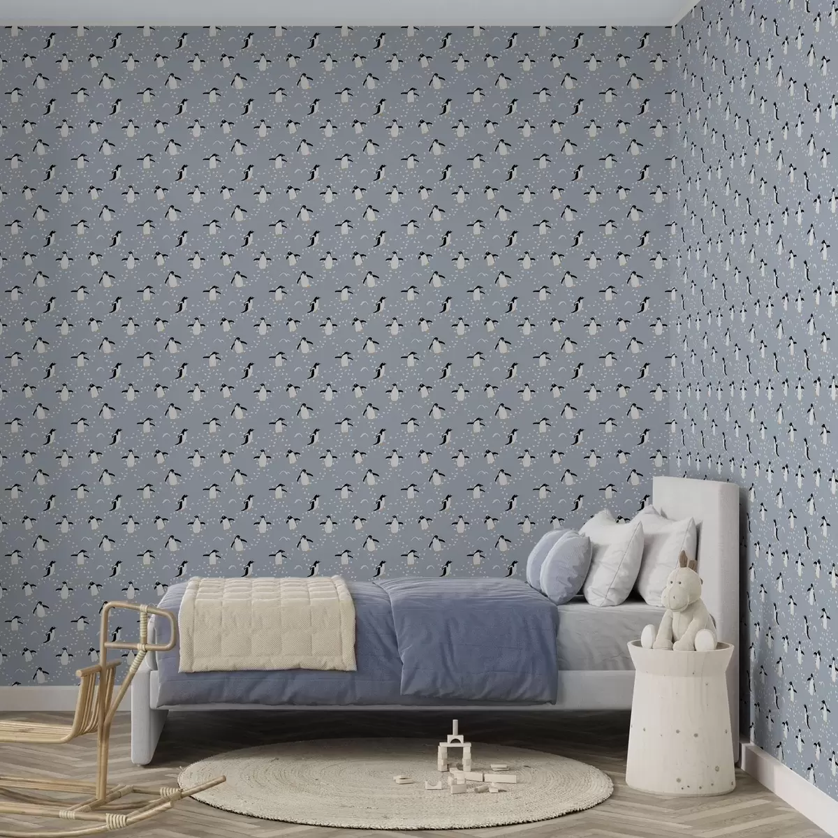 Papel pintado Pingüinos sobre fondo gris azulado con huellas a00655