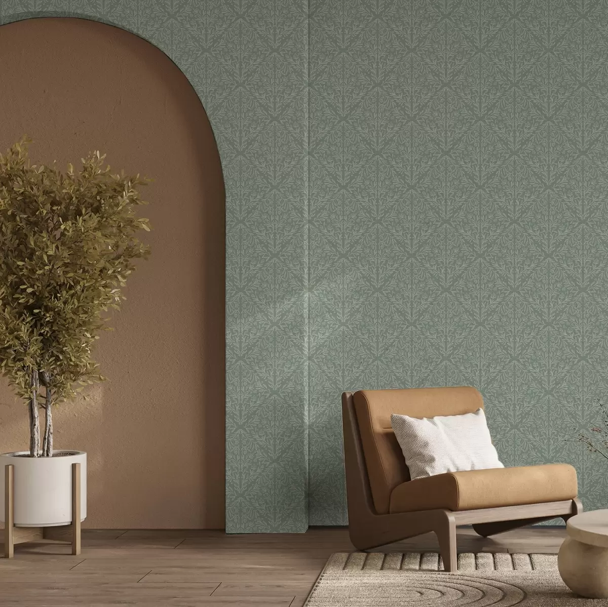 Papel pintado Damasco botánico sobre fondo menta-oliva a00815