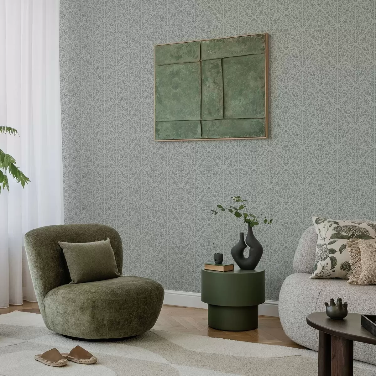 Papel pintado Damasco botánico en gris claro con contorno suave a00815v2