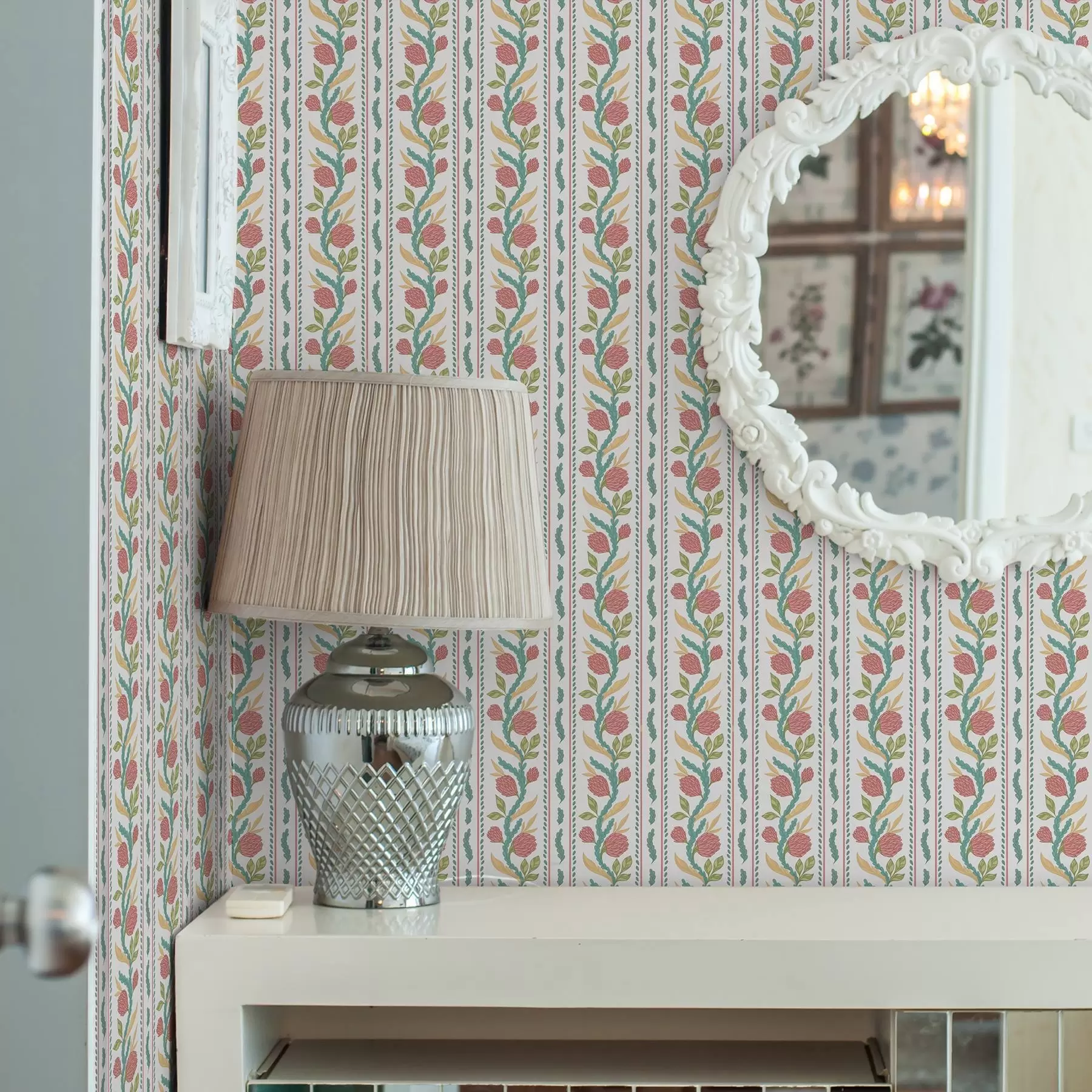 murales de pared Rayas verticales con flores de coral y hojas turquesas a00816