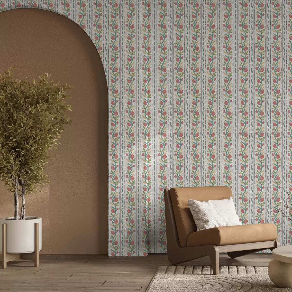 Papel pintado Rayas verticales con flores de coral y hojas turquesas. a00816