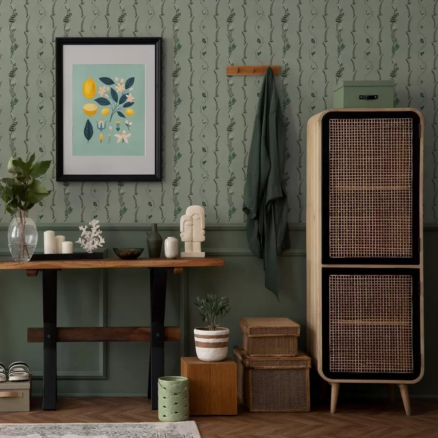 murales de pared Enredaderas verticales y ramitas en verde apagado a00817v1