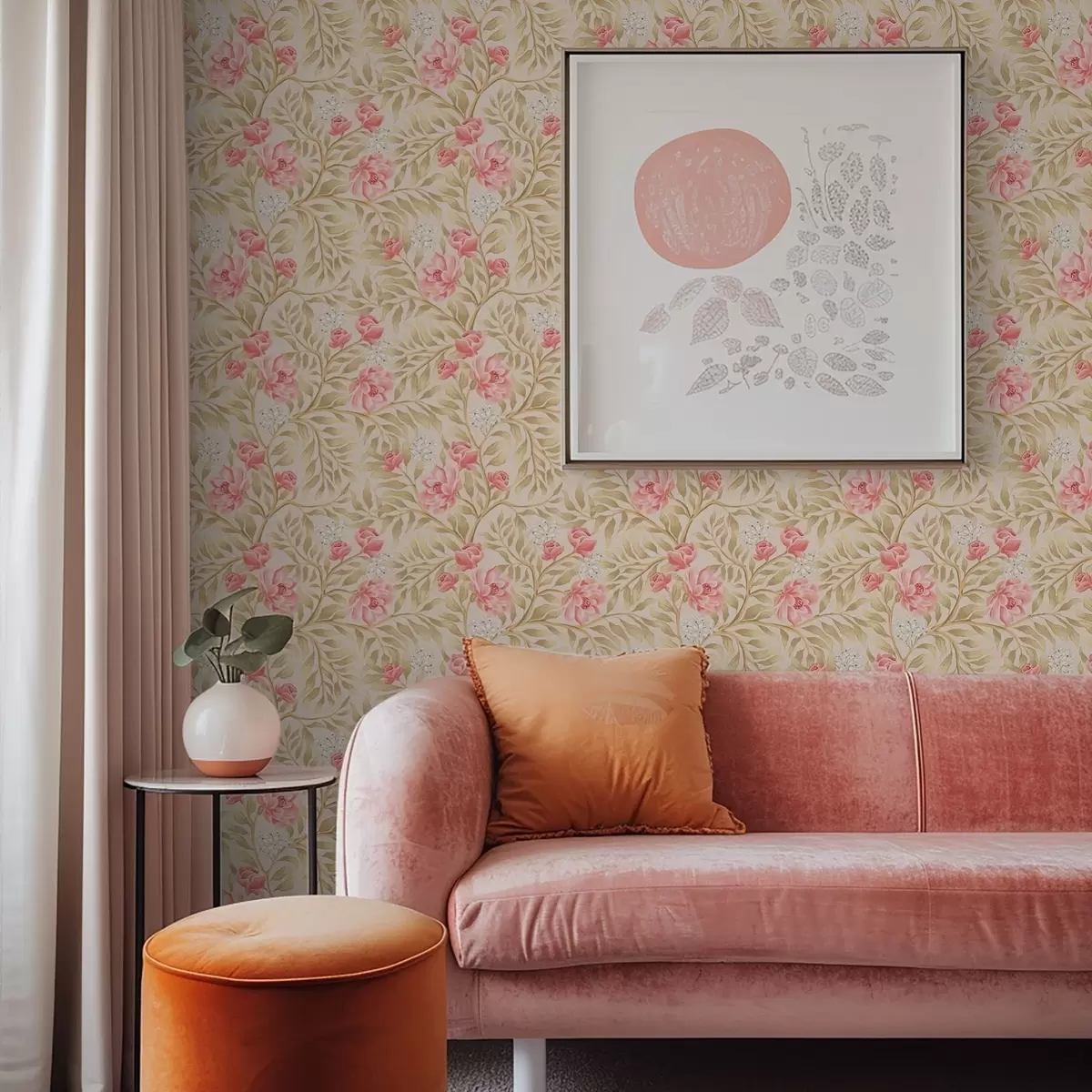 Papel pintado Flores rosas, flores blancas y follaje en tonos ocres a00855