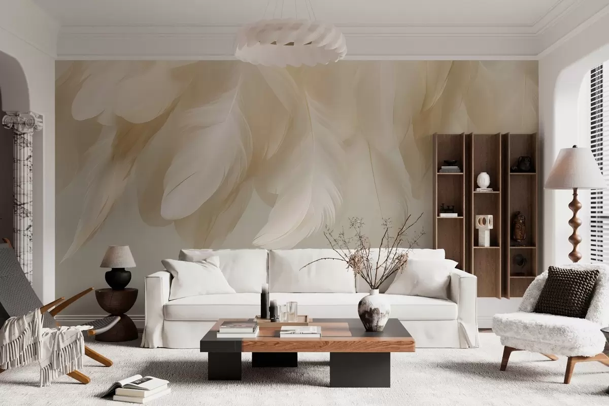 murales de pared Plumas colgantes exuberantes y delicadas en tonos relajantes. w04842