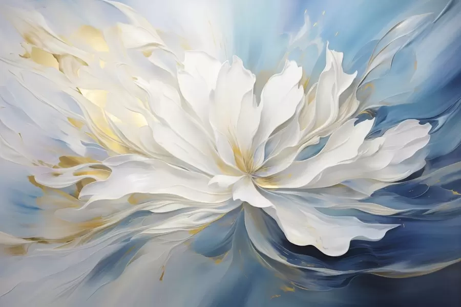 murales de pared Gran peonía blanca en estilo pintura al óleo sobre fondo azul y amarillo w09511