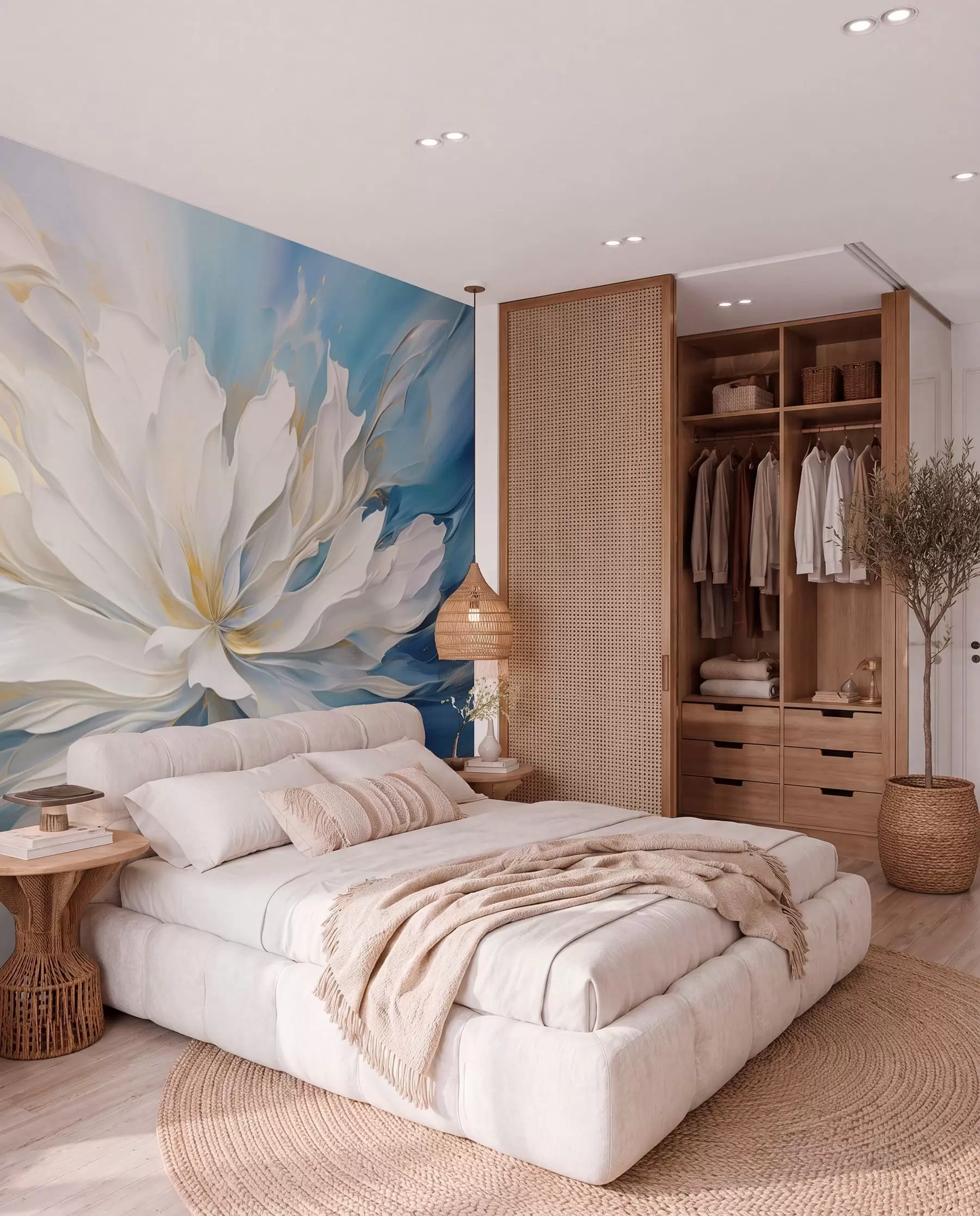murales de pared Gran peonía blanca en estilo pintura al óleo sobre fondo azul y amarillo w09511
