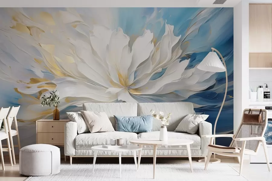 murales de pared Gran peonía blanca en estilo pintura al óleo sobre fondo azul y amarillo. w09511