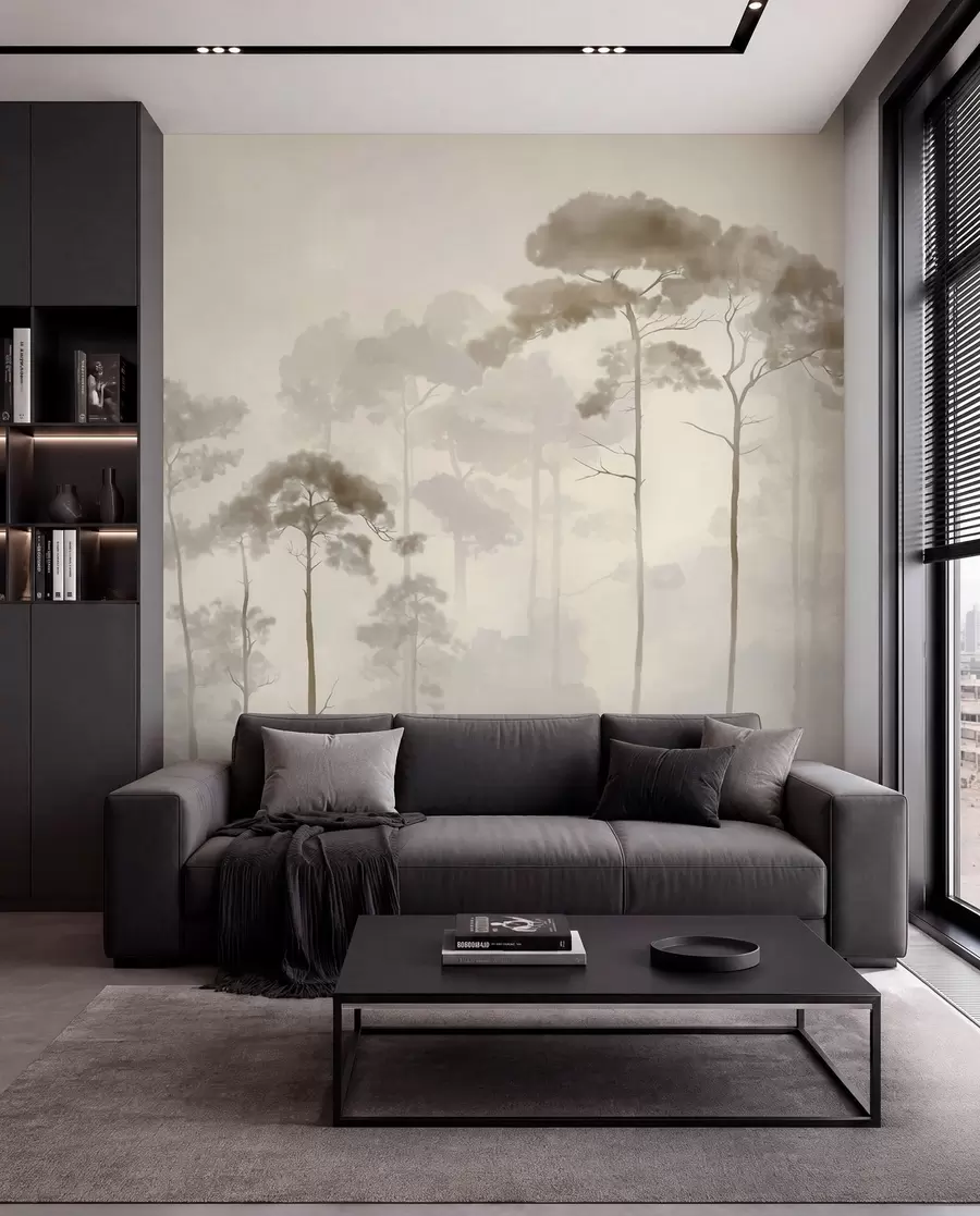 murales de pared siluetas ligeras de pinos en estilo acuarela w04634