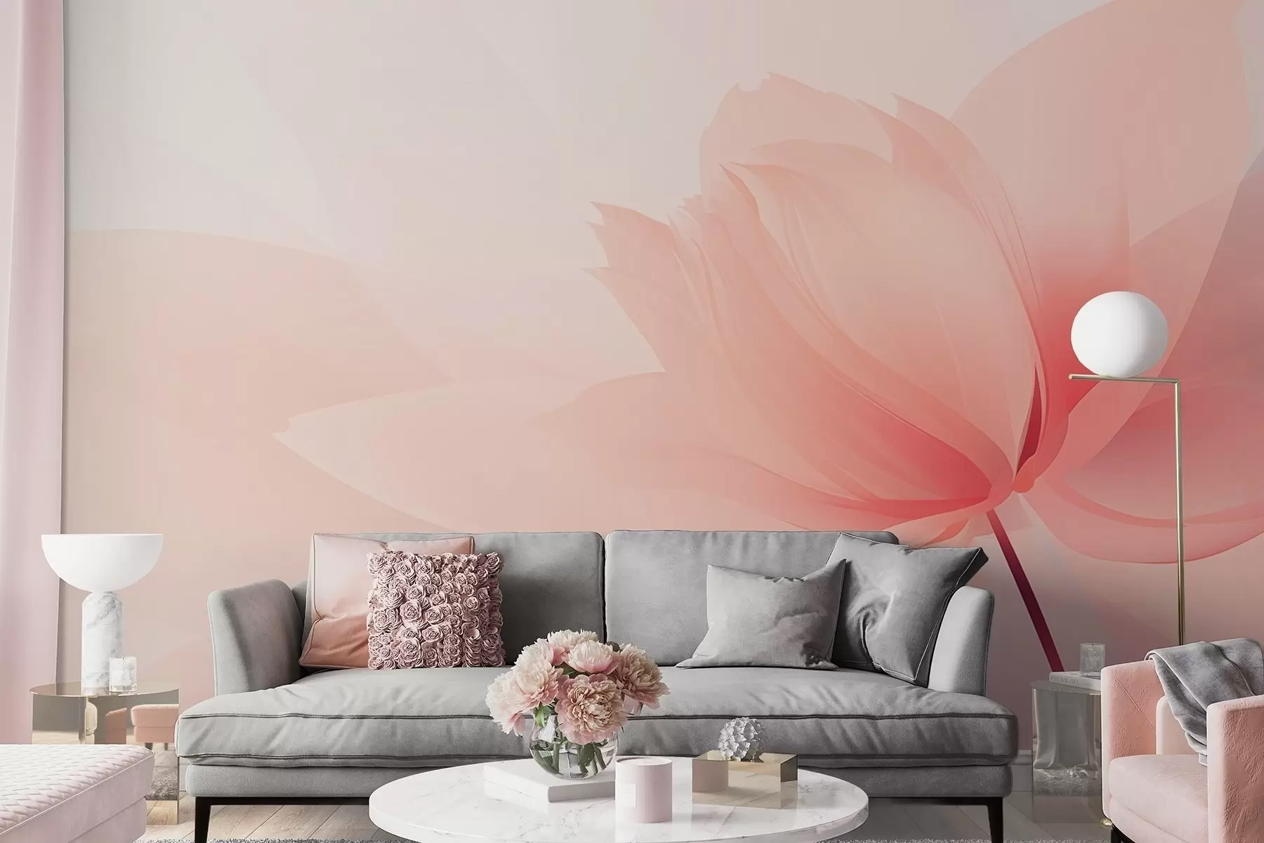 murales de pared Flor grande en suaves tonos rosa melocotón. w09356