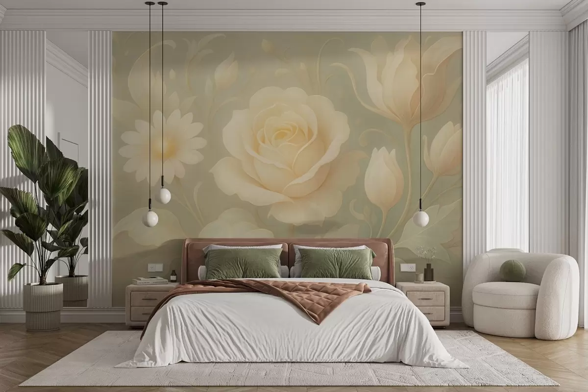 murales de pared Delicada composición vintage con rosas beige sobre fondo verde claro. w09499