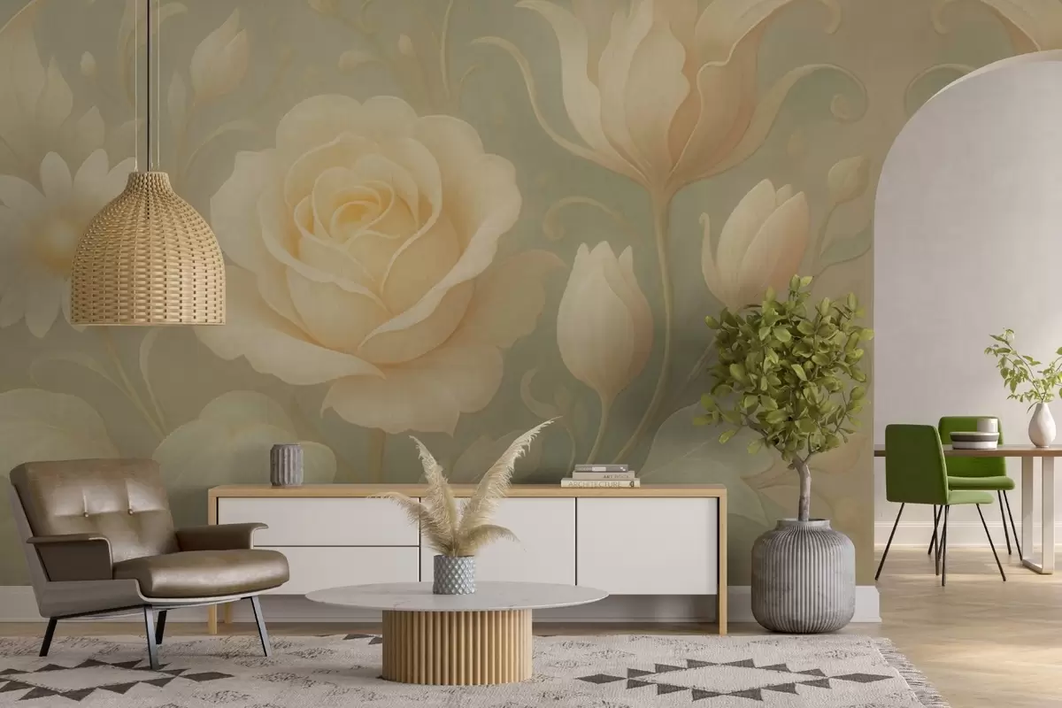 murales de pared Delicada composición vintage con rosas beige sobre fondo verde claro. w09499