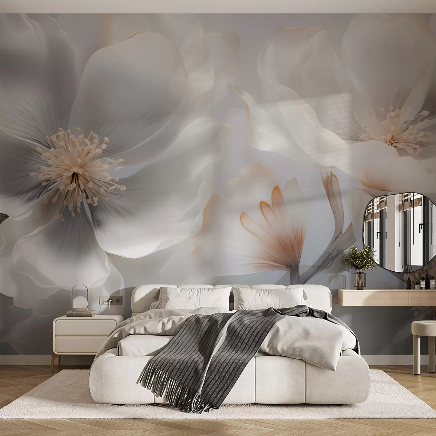 murales de pared Flores nacaradas en tonos beige grisáceo y crema lechoso w09527