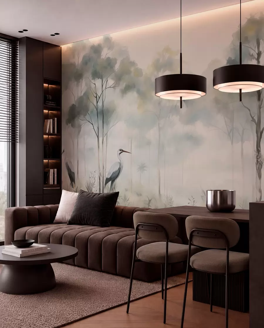 murales de pared Bosque brumoso junto al agua con garzas, paleta de colores suaves y fríos w04788