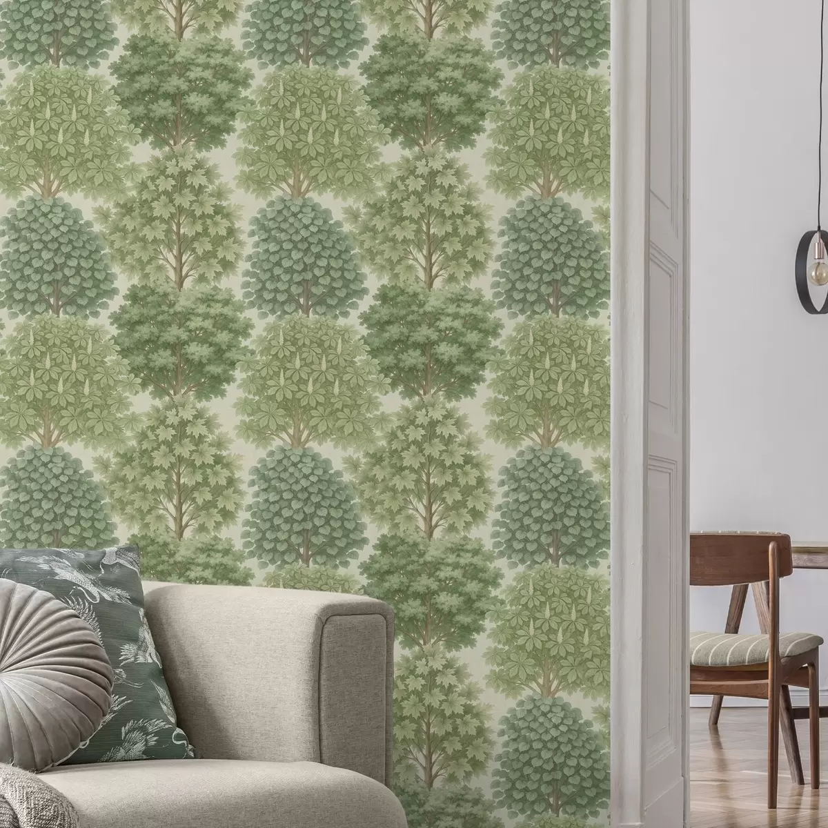 Papel pintado Jardín de árboles en suaves tonos verdes sobre un fondo claro. a00775