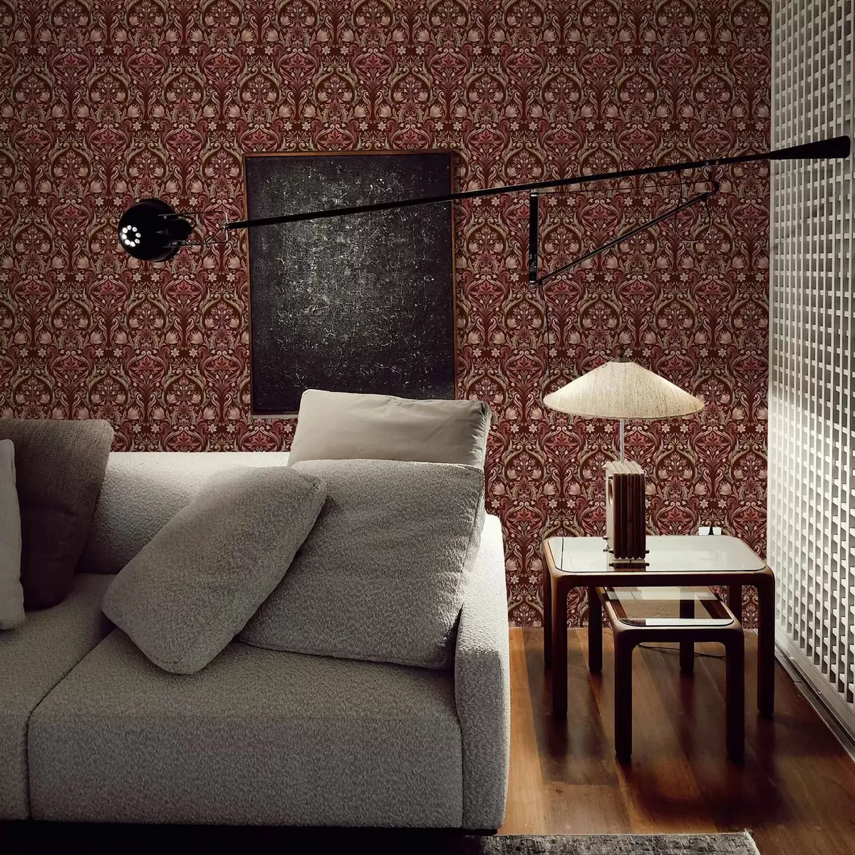 Papel pintado Adorno de tulipán, fondo burdeos intenso a00827v2