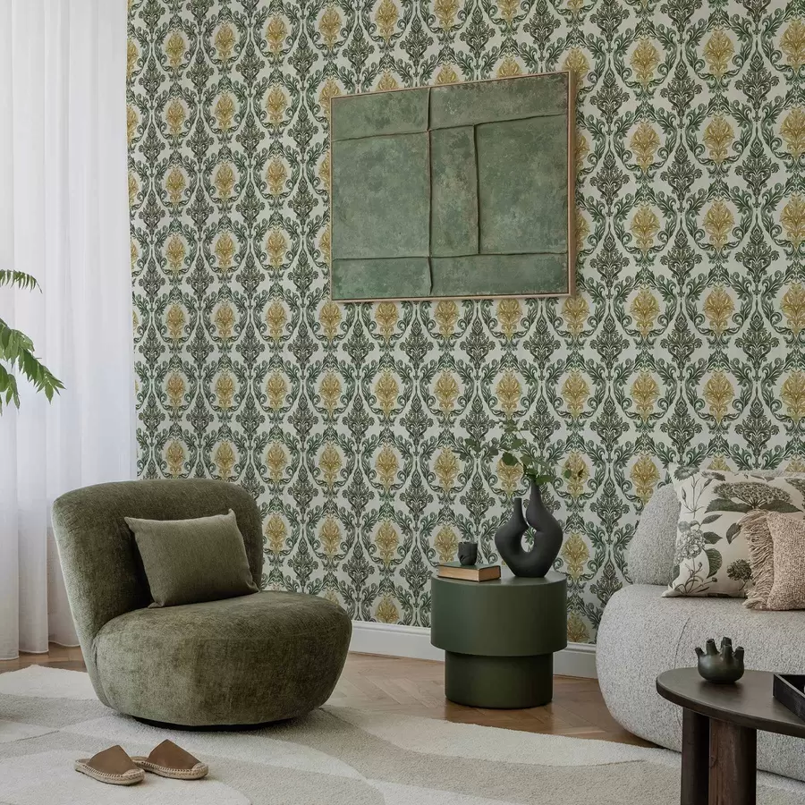 murales de pared Damasco con volutas verdes sobre fondo claro. a00828v1