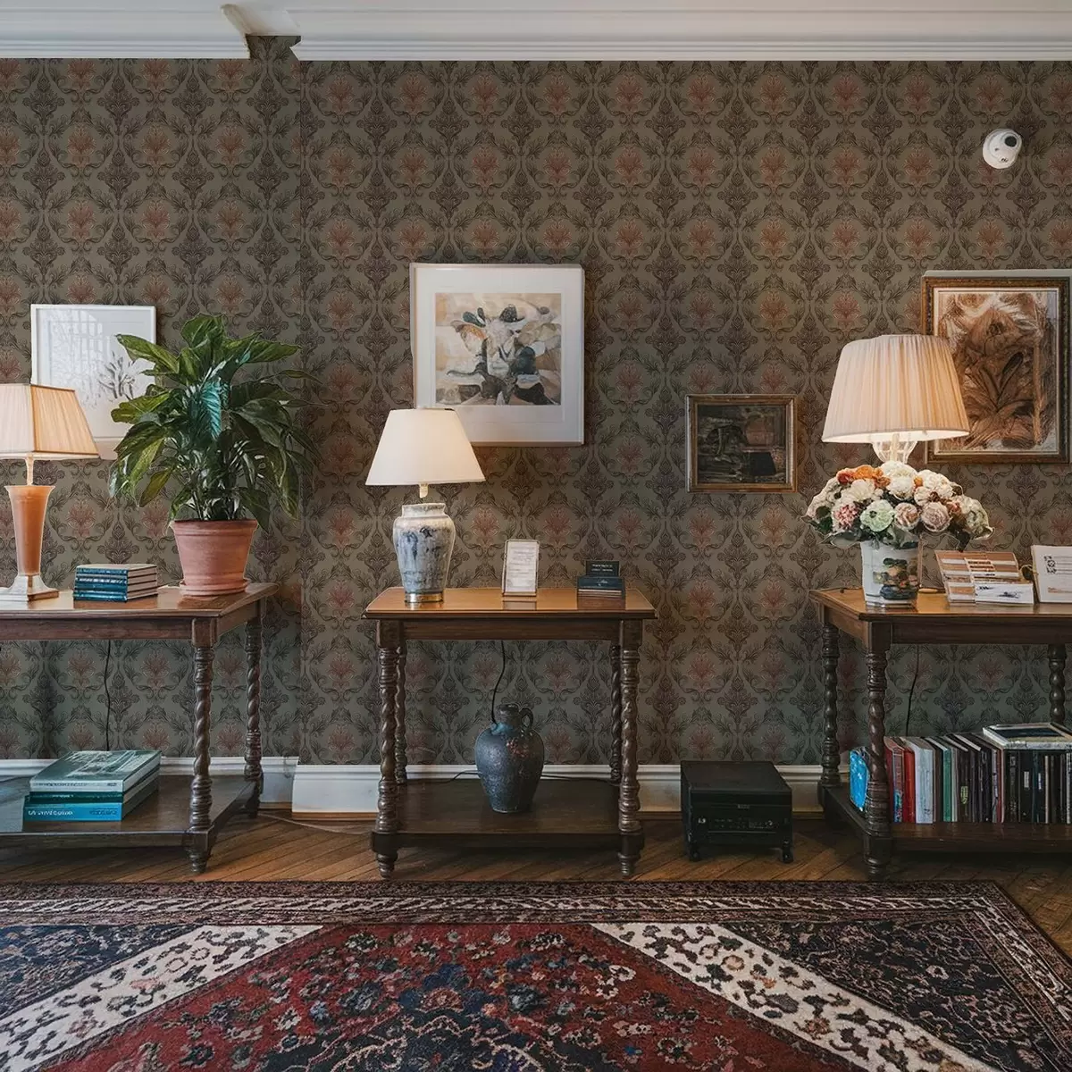 Papel pintado Damasco terracota sobre fondo oliva apagado a00828v3