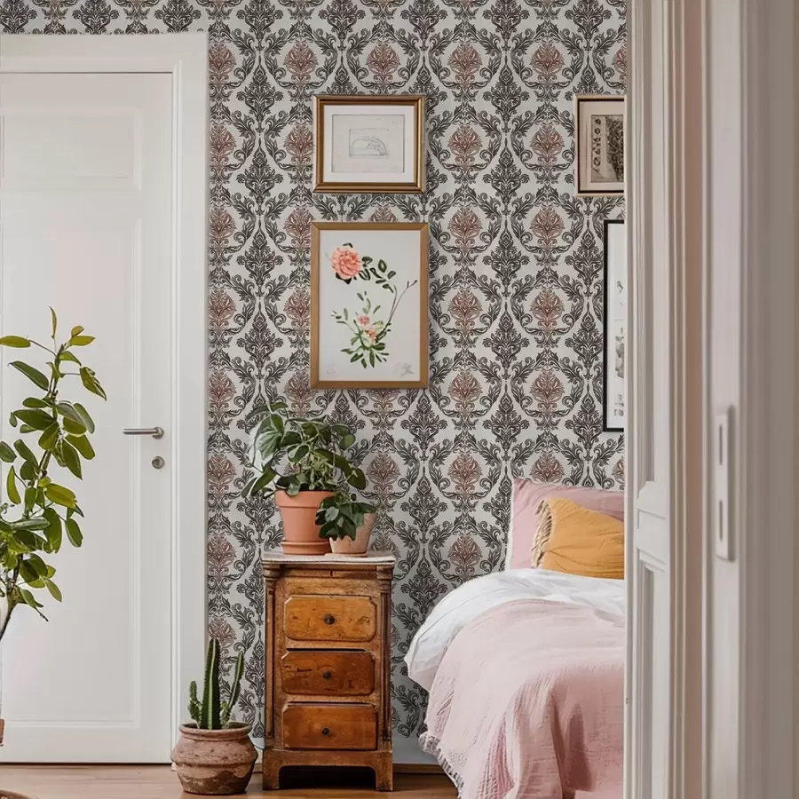 murales de pared Damasco con detalles en marrón cobrizo sobre fondo claro. a00828v4