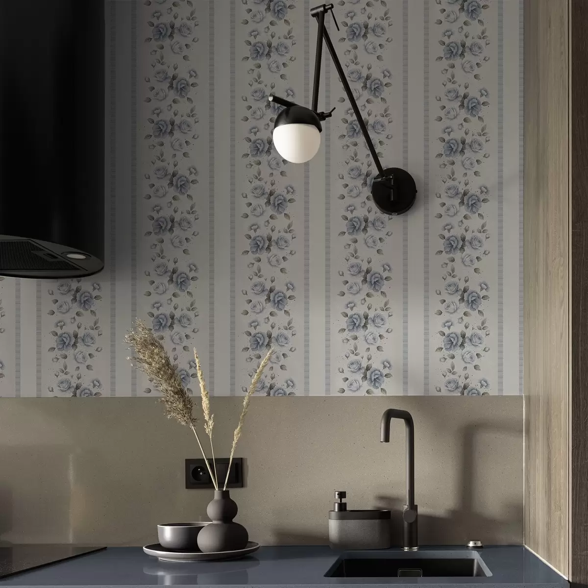 Papel pintado Rosas azules en bandas verticales sobre fondo claro. a00860