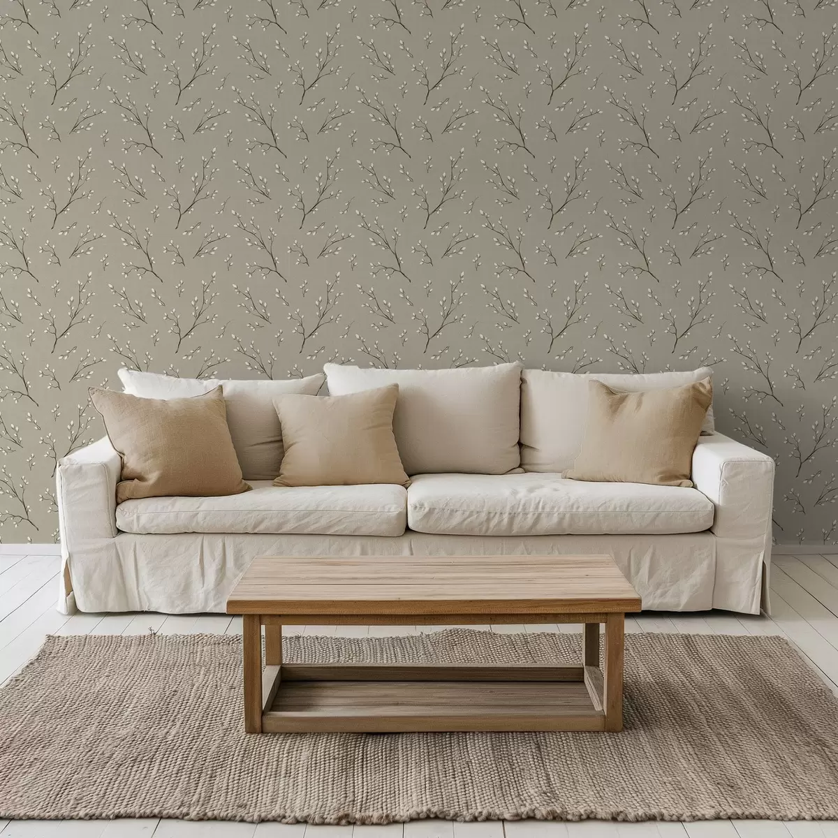 Papel pintado Ramitas con brotes blancos sobre fondo gris topo lino a00861