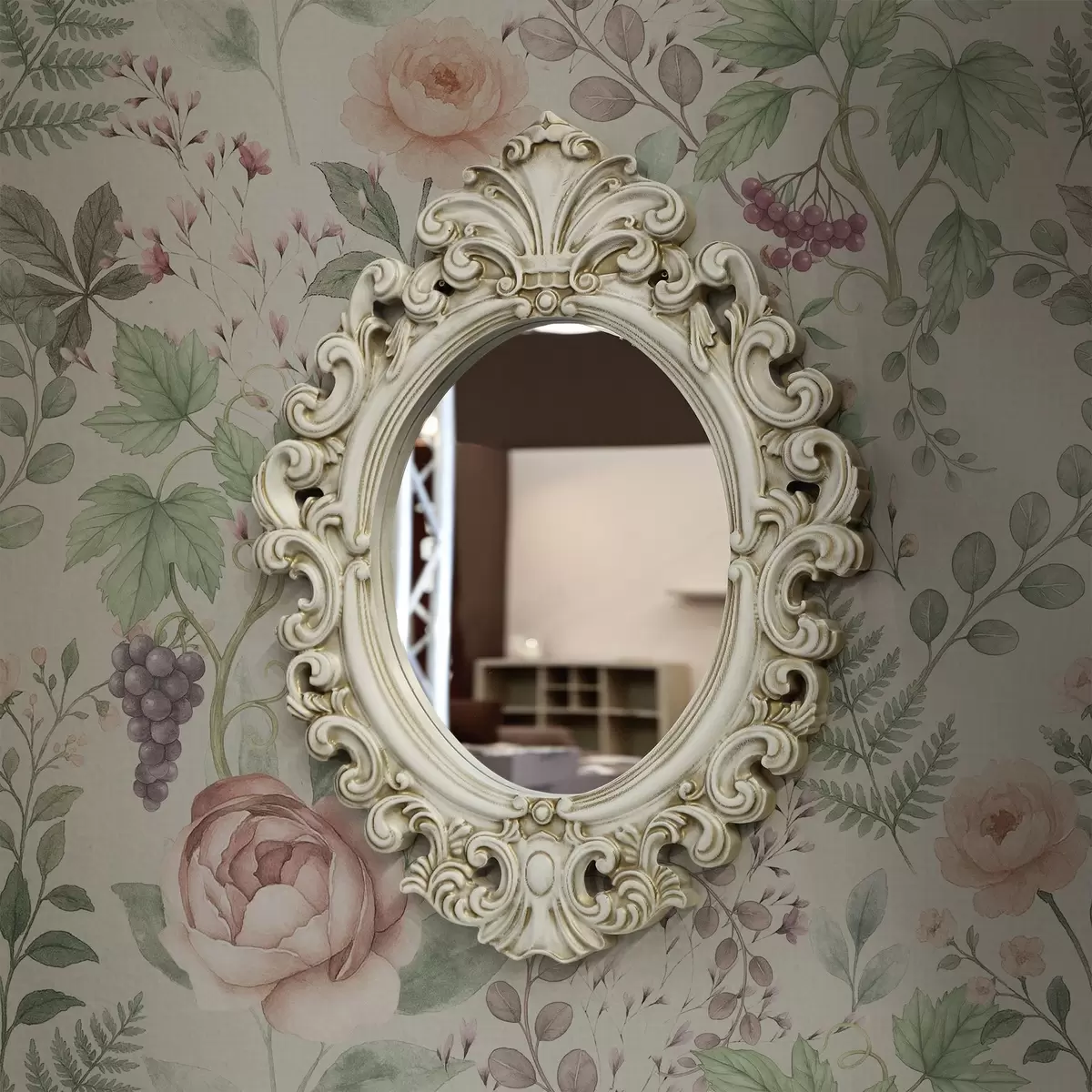 Papel pintado Jardín en tonos pastel con rosas, helechos y uvas. a00867