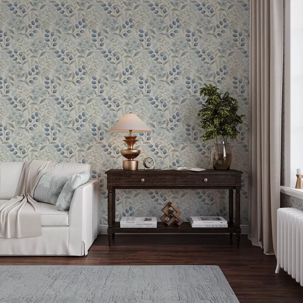 Papel pintado Arándanos azules y flores claras sobre marfil a00872