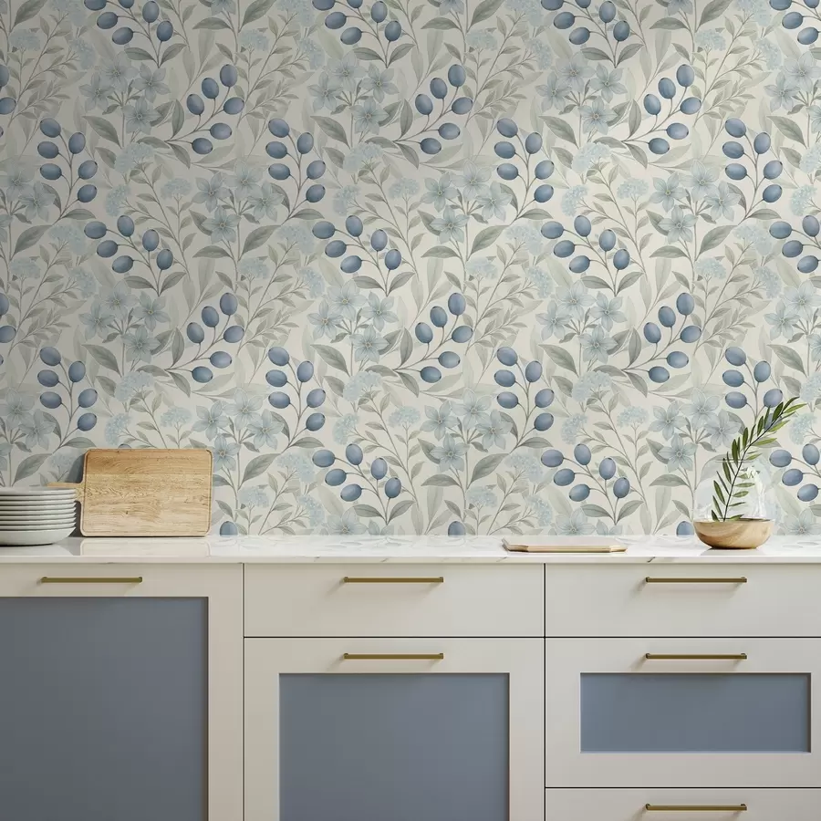 murales de pared Arándanos azules y flores claras sobre marfil a00872