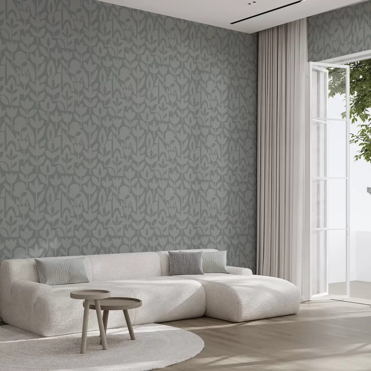 Papel pintado Siluetas florales geométricas en azul pizarra a00875