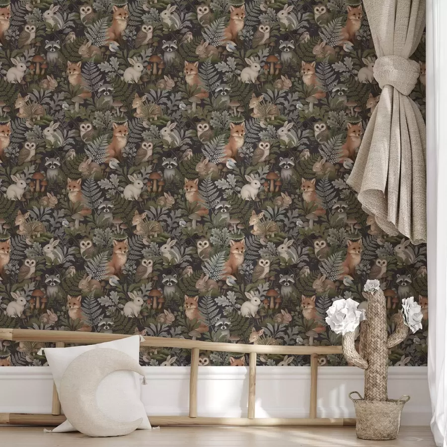 murales de pared Animales del bosque y helechos sobre carbón oscuro a00880