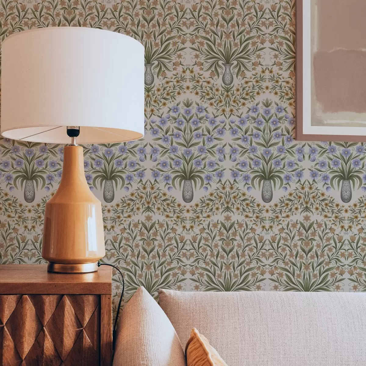 Papel pintado Jarrones populares con flores azules y hojas de olivo sobre fondo rosado. a00900