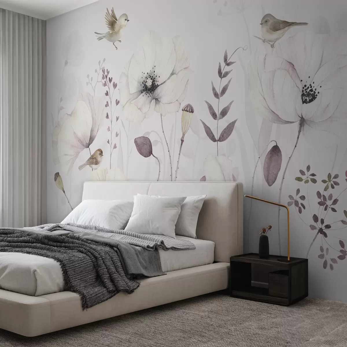murales de pared Amapolas acuareladas con pequeños pájaros en suave color malva w04861