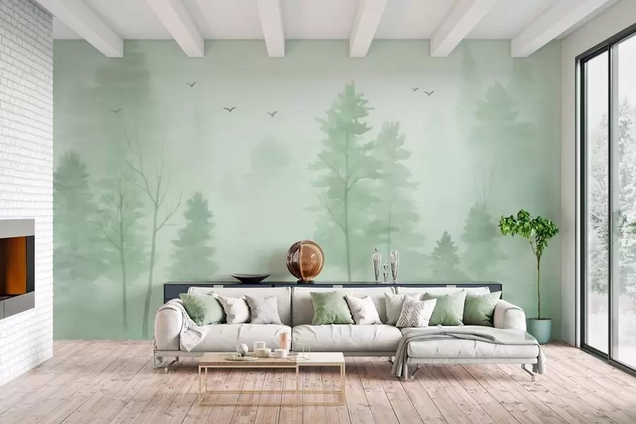 murales de pared Bosque aéreo en tonos verdes, estilo acuarela. w04872v1