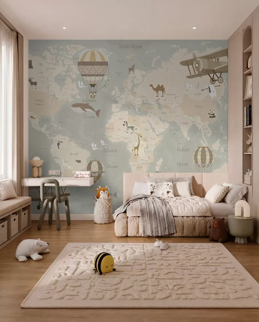 murales de pared Mapa del mundo para niños con animales, aviones y globos aerostáticos. En inglés. Color beige. c00003en